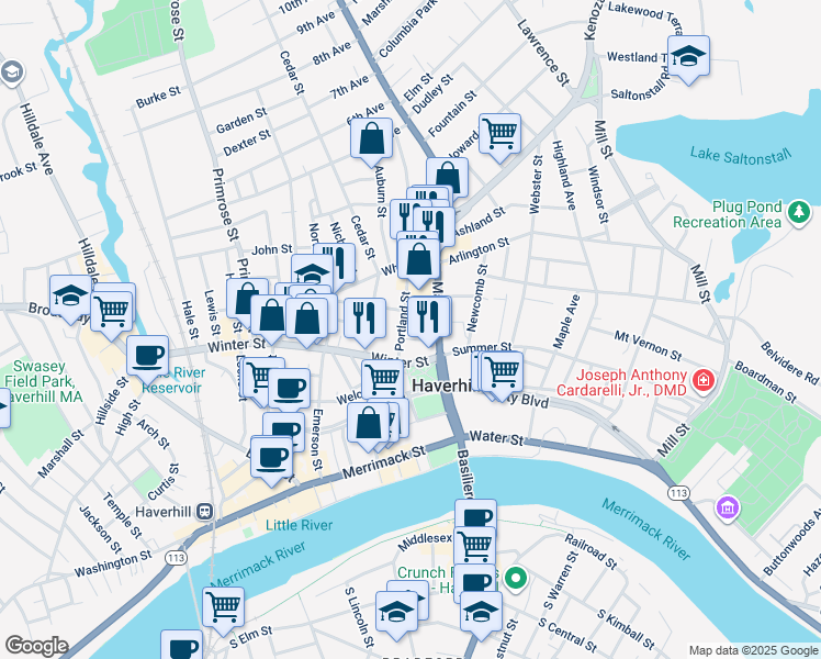 map of restaurants, bars, coffee shops, grocery stores, and more near 24 Portland Street in Haverhill