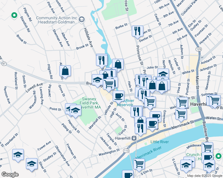 map of restaurants, bars, coffee shops, grocery stores, and more near 1 Granville Court in Haverhill