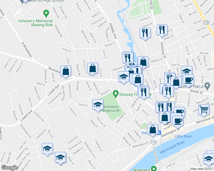 map of restaurants, bars, coffee shops, grocery stores, and more near 118 Blaisdell Street in Haverhill