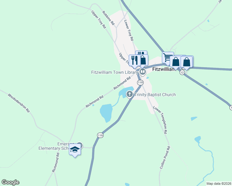 map of restaurants, bars, coffee shops, grocery stores, and more near 66 New Hampshire 119 in Fitzwilliam