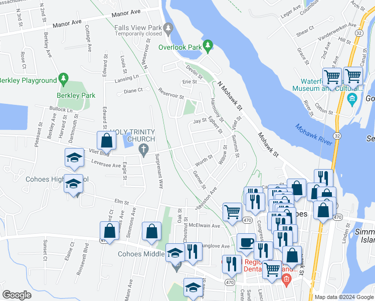 map of restaurants, bars, coffee shops, grocery stores, and more near 60 Vliet Street in Cohoes