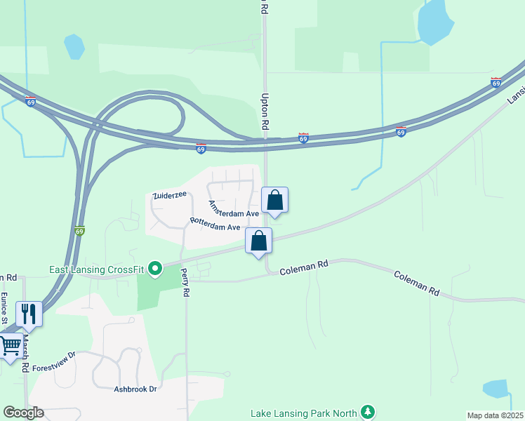 map of restaurants, bars, coffee shops, grocery stores, and more near 133 Amsterdam Avenue in East Lansing