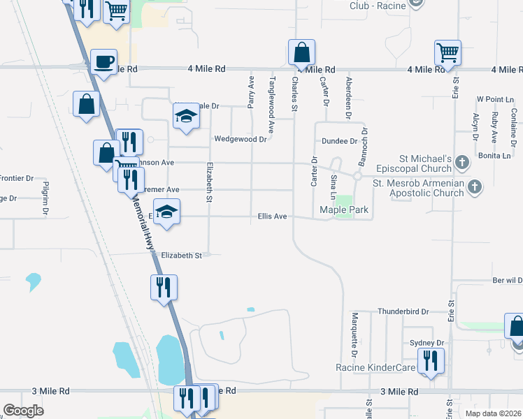 map of restaurants, bars, coffee shops, grocery stores, and more near 1427 Kremer Avenue in Racine