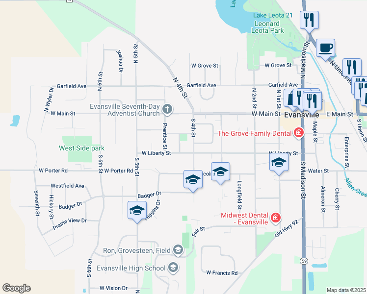 map of restaurants, bars, coffee shops, grocery stores, and more near 121 Crawford Street in Evansville