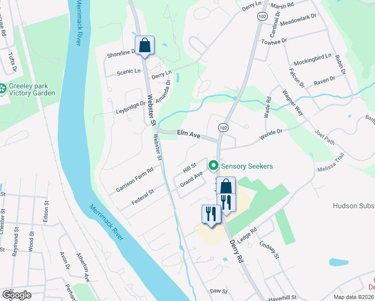 map of restaurants, bars, coffee shops, grocery stores, and more near 101 Elmwood Drive in Hudson