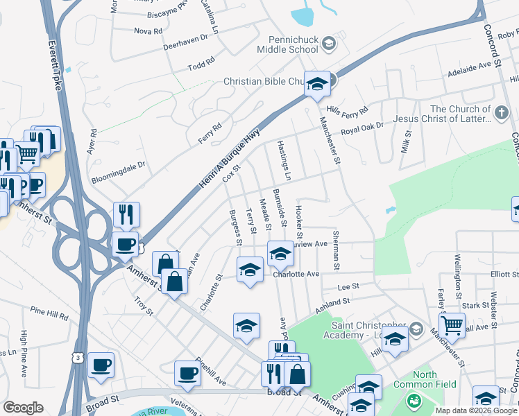 map of restaurants, bars, coffee shops, grocery stores, and more near 25 Terry Street in Nashua