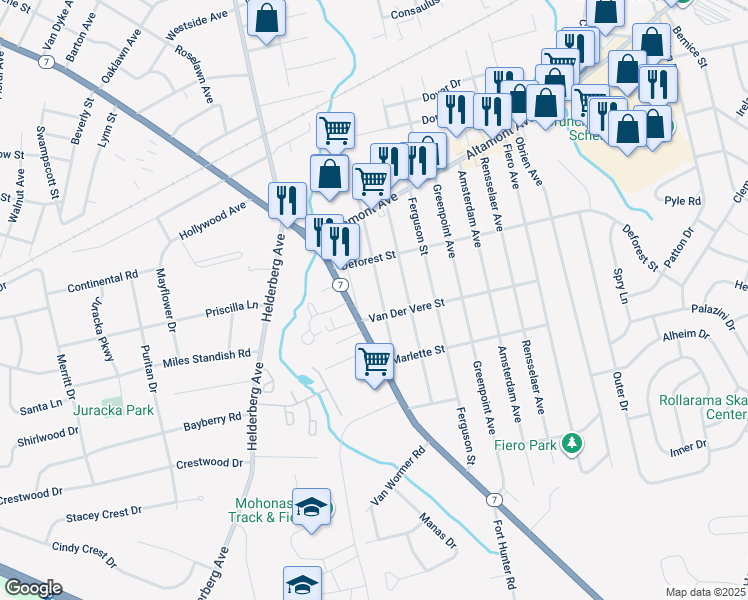 map of restaurants, bars, coffee shops, grocery stores, and more near 1851 Tower Street in Schenectady
