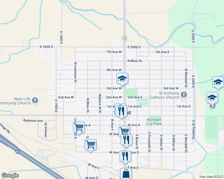 map of restaurants, bars, coffee shops, grocery stores, and more near 170 3rd Avenue West in Wendell
