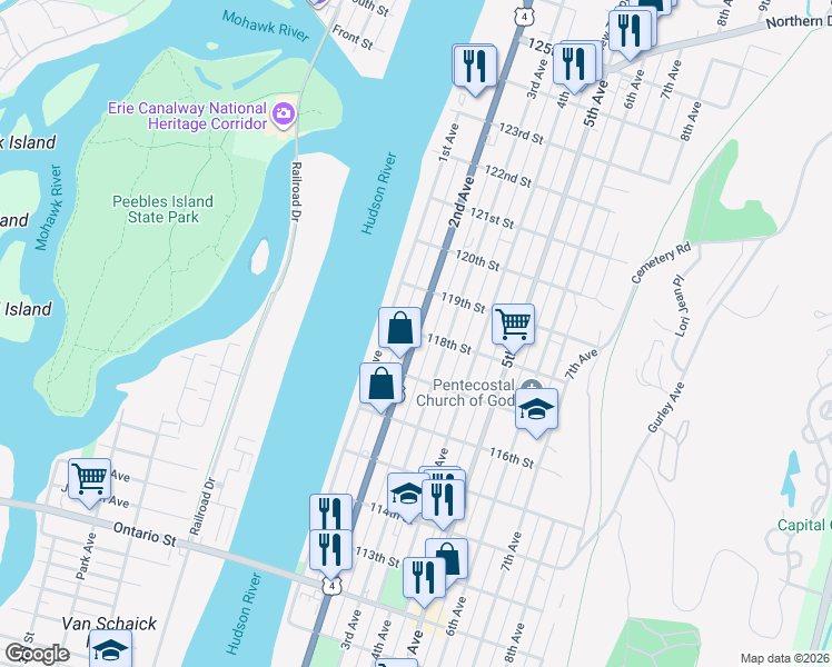 map of restaurants, bars, coffee shops, grocery stores, and more near 2nd Ave & 118th St in Troy