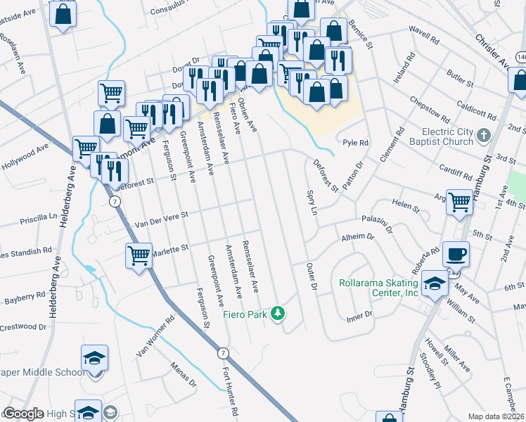 map of restaurants, bars, coffee shops, grocery stores, and more near 951 Obrien Avenue in Schenectady