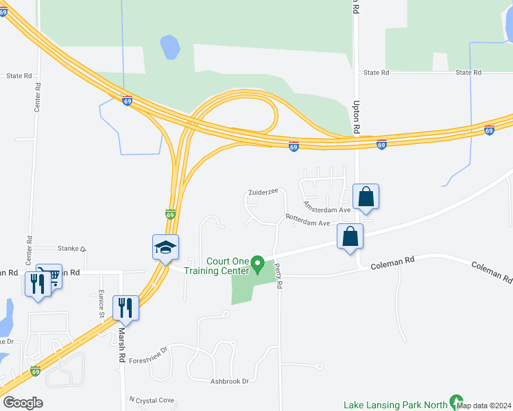 map of restaurants, bars, coffee shops, grocery stores, and more near Holland Court in East Lansing