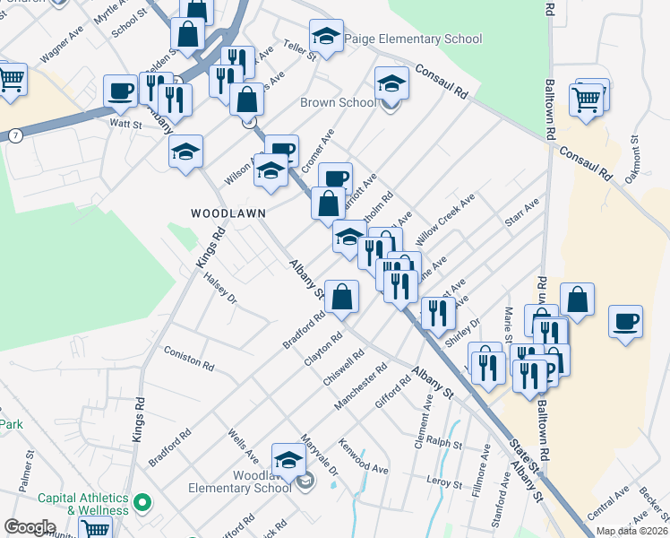 map of restaurants, bars, coffee shops, grocery stores, and more near 7 Gebhardt Street in Schenectady