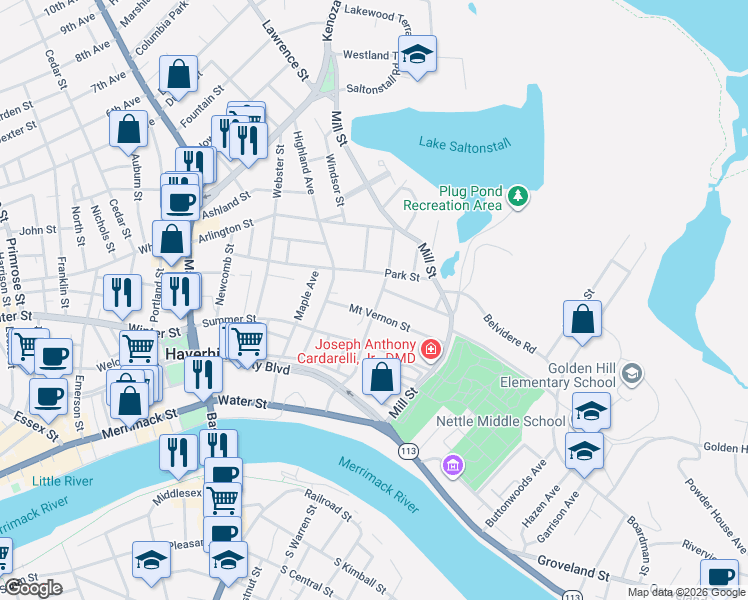 map of restaurants, bars, coffee shops, grocery stores, and more near 84 Chestnut Street in Haverhill