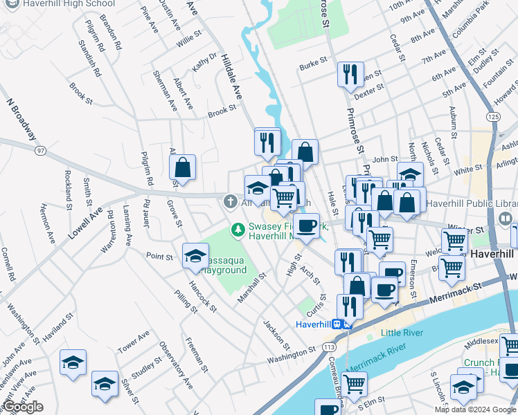 map of restaurants, bars, coffee shops, grocery stores, and more near in Haverhill