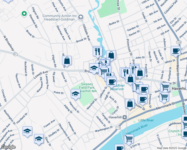 map of restaurants, bars, coffee shops, grocery stores, and more near 36 Broadway in Haverhill
