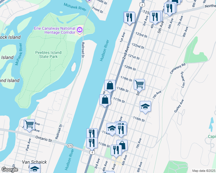 map of restaurants, bars, coffee shops, grocery stores, and more near 661 1st Avenue in Troy