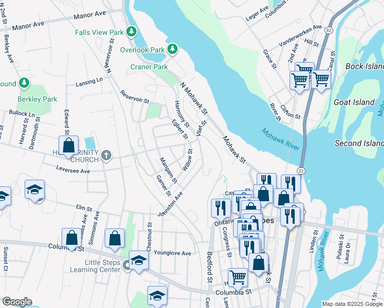 map of restaurants, bars, coffee shops, grocery stores, and more near 12 Willow Street in Cohoes