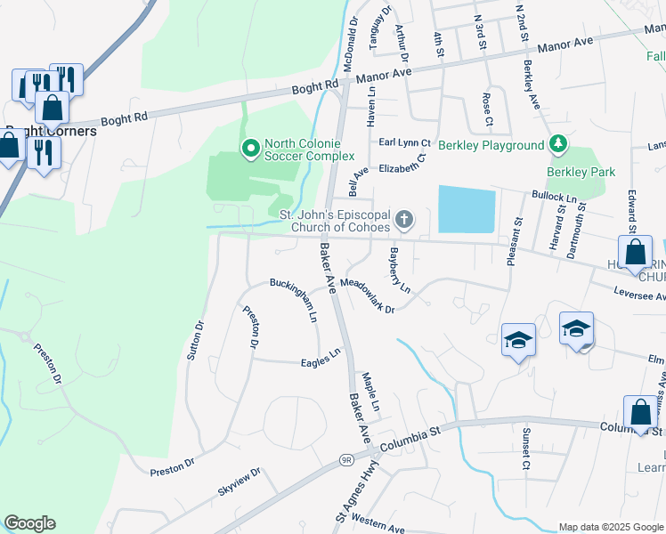 map of restaurants, bars, coffee shops, grocery stores, and more near 8 Baker Avenue in Cohoes