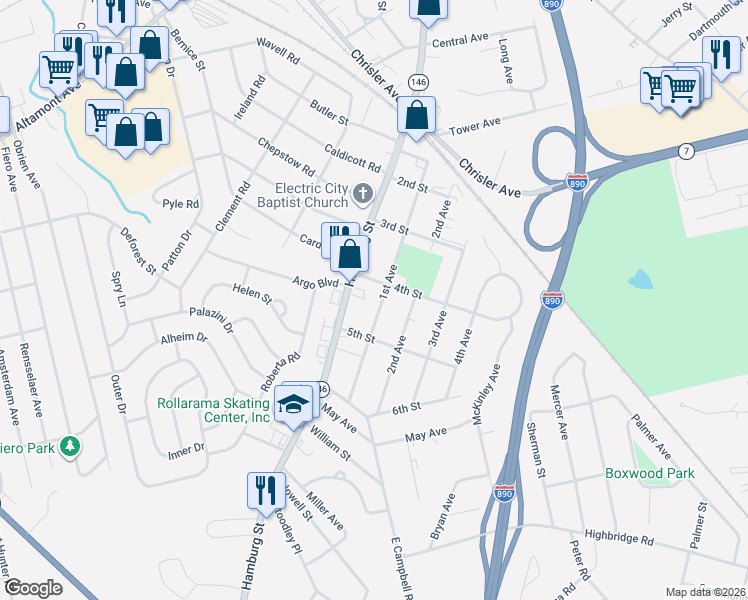 map of restaurants, bars, coffee shops, grocery stores, and more near 2510 1st Avenue in Schenectady