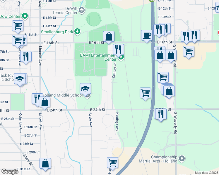 map of restaurants, bars, coffee shops, grocery stores, and more near 507 Century Lane in Holland