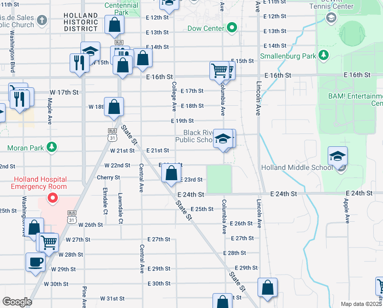 map of restaurants, bars, coffee shops, grocery stores, and more near 92 East 21st Street in Holland