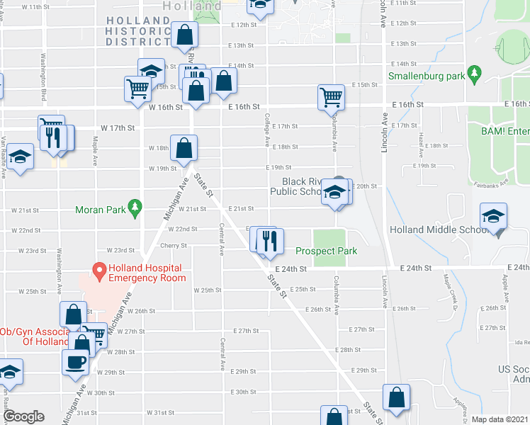 map of restaurants, bars, coffee shops, grocery stores, and more near 60 East 21st Street in Holland