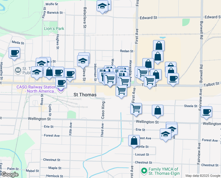 map of restaurants, bars, coffee shops, grocery stores, and more near 1010 Talbot Street in St. Thomas