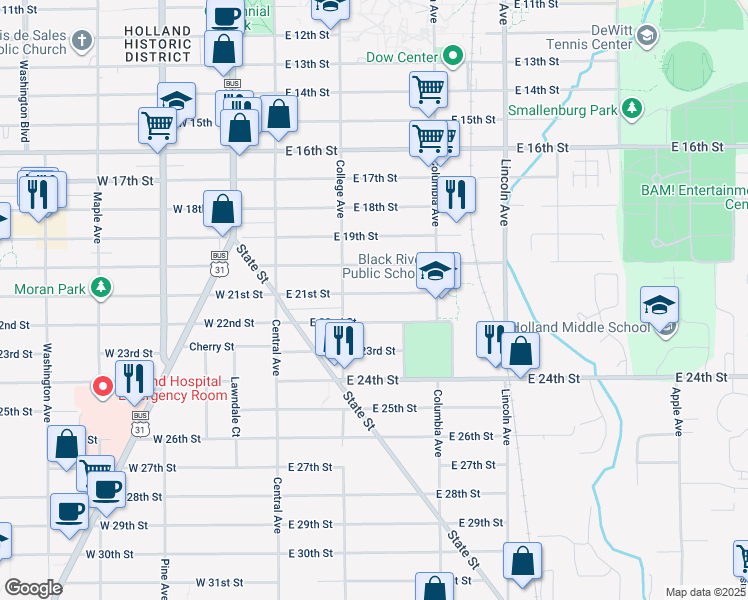 map of restaurants, bars, coffee shops, grocery stores, and more near 92 East 21st Street in Holland