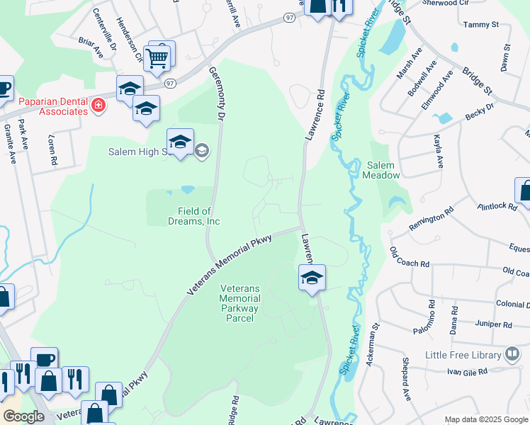 map of restaurants, bars, coffee shops, grocery stores, and more near 6 Sally Sweets Way in Salem