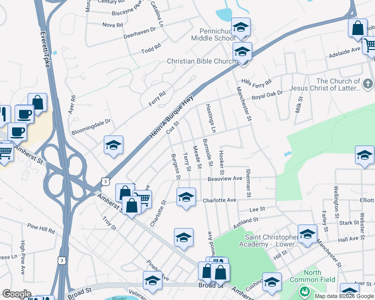 map of restaurants, bars, coffee shops, grocery stores, and more near 25 Terry Street in Nashua
