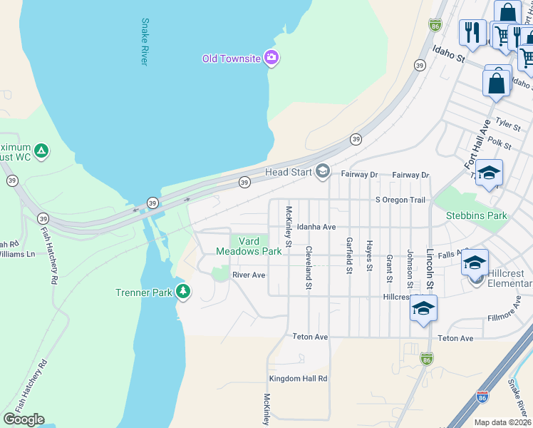 map of restaurants, bars, coffee shops, grocery stores, and more near 250 South Oregon Trail in American Falls