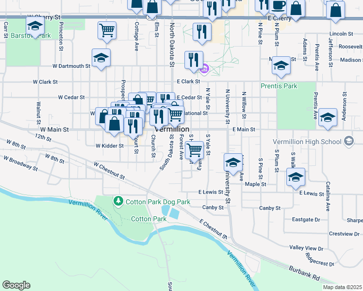 map of restaurants, bars, coffee shops, grocery stores, and more near 99 Forest Ave in Vermillion