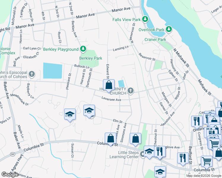 map of restaurants, bars, coffee shops, grocery stores, and more near 2 Edward Street in Cohoes