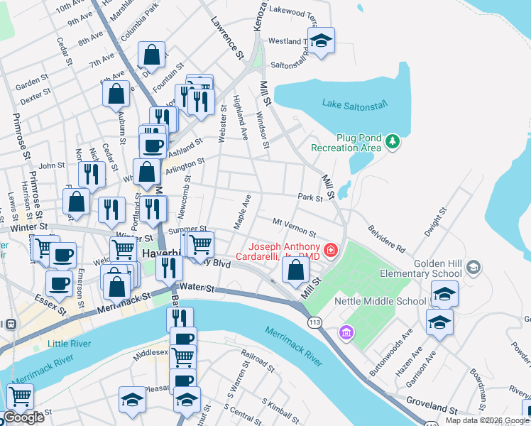 map of restaurants, bars, coffee shops, grocery stores, and more near 10 Highland Avenue in Haverhill