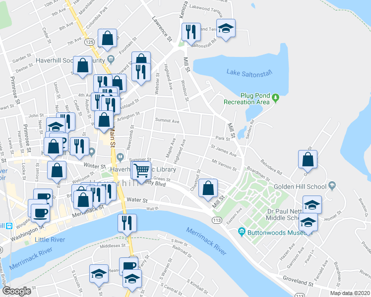 map of restaurants, bars, coffee shops, grocery stores, and more near 10 Highland Avenue in Haverhill