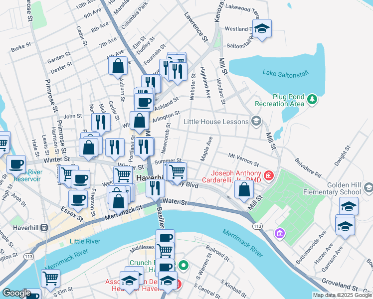 map of restaurants, bars, coffee shops, grocery stores, and more near 18 Webster Street in Haverhill