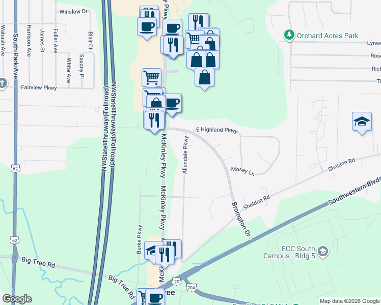 map of restaurants, bars, coffee shops, grocery stores, and more near 4607 Brompton Drive in Blasdell