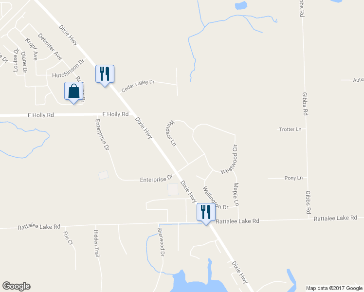 map of restaurants, bars, coffee shops, grocery stores, and more near 9632 Windsor Lane in Clarkston