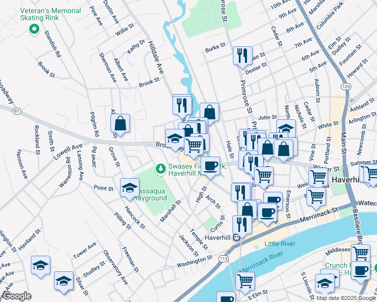 map of restaurants, bars, coffee shops, grocery stores, and more near Hilldale Ave & Lafayette Square in Haverhill