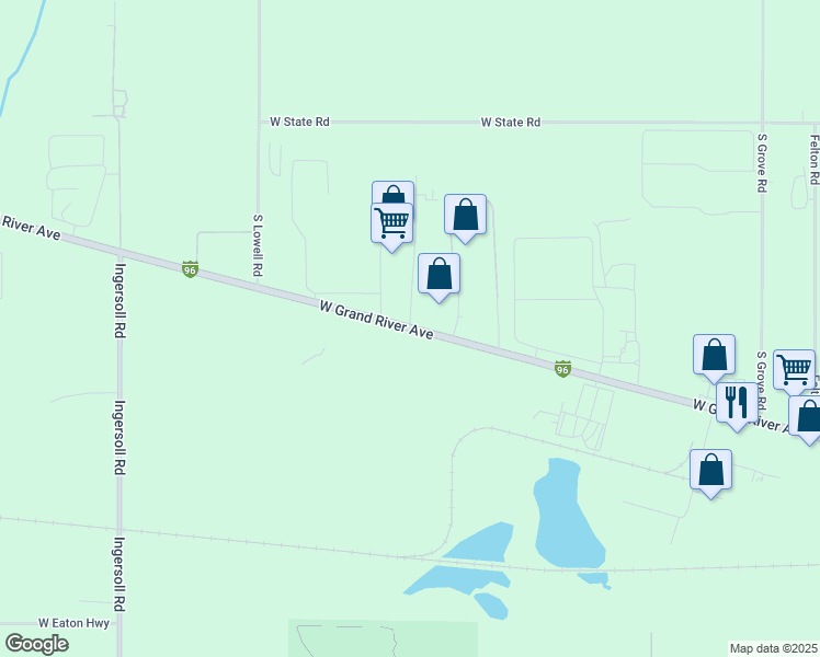 map of restaurants, bars, coffee shops, grocery stores, and more near West Grand River Avenue in Lansing