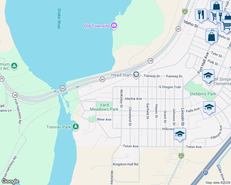 map of restaurants, bars, coffee shops, grocery stores, and more near 235 South Oregon Trail in American Falls