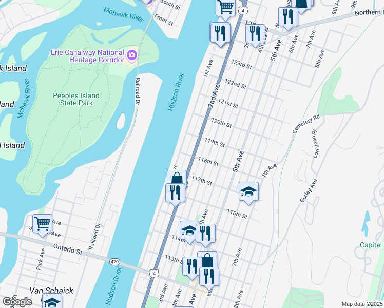 map of restaurants, bars, coffee shops, grocery stores, and more near 665 2nd Avenue in Troy