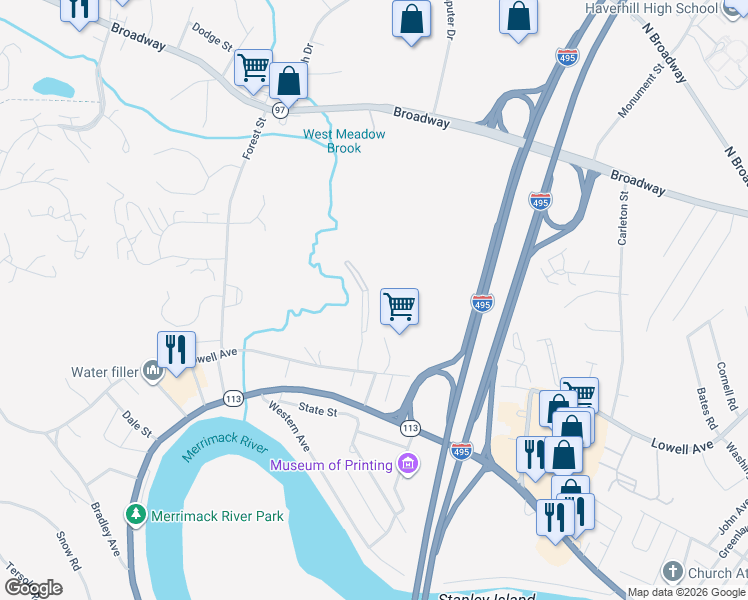map of restaurants, bars, coffee shops, grocery stores, and more near 505 West Lowell Avenue in Haverhill