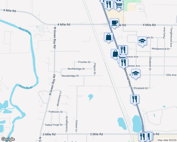 map of restaurants, bars, coffee shops, grocery stores, and more near 2729 Northbridge Drive in Racine