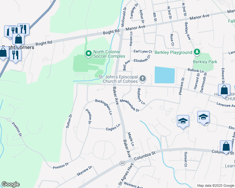 map of restaurants, bars, coffee shops, grocery stores, and more near 8 Baker Avenue in Cohoes