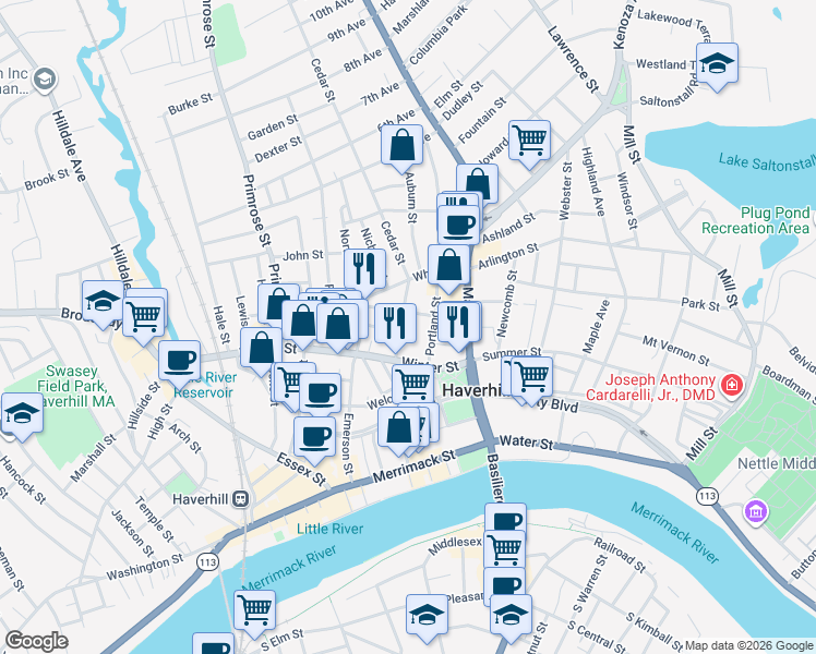map of restaurants, bars, coffee shops, grocery stores, and more near 17 Vine Street in Haverhill