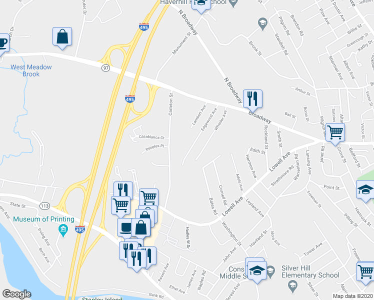 map of restaurants, bars, coffee shops, grocery stores, and more near 75 Edgewood Avenue in Haverhill