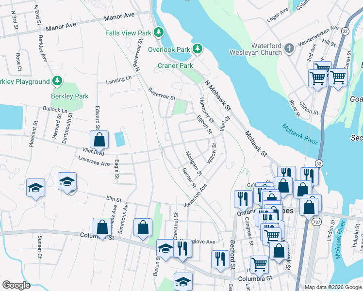 map of restaurants, bars, coffee shops, grocery stores, and more near 60 Vliet Street in Cohoes