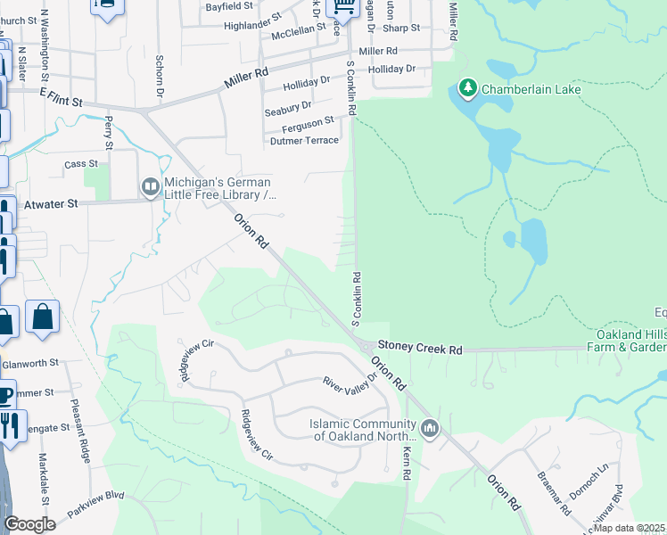 map of restaurants, bars, coffee shops, grocery stores, and more near 482 South Conklin Road in Oakland County