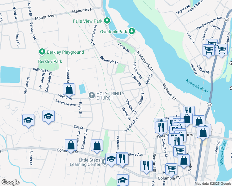 map of restaurants, bars, coffee shops, grocery stores, and more near Garner Street & Vliet Street in Cohoes